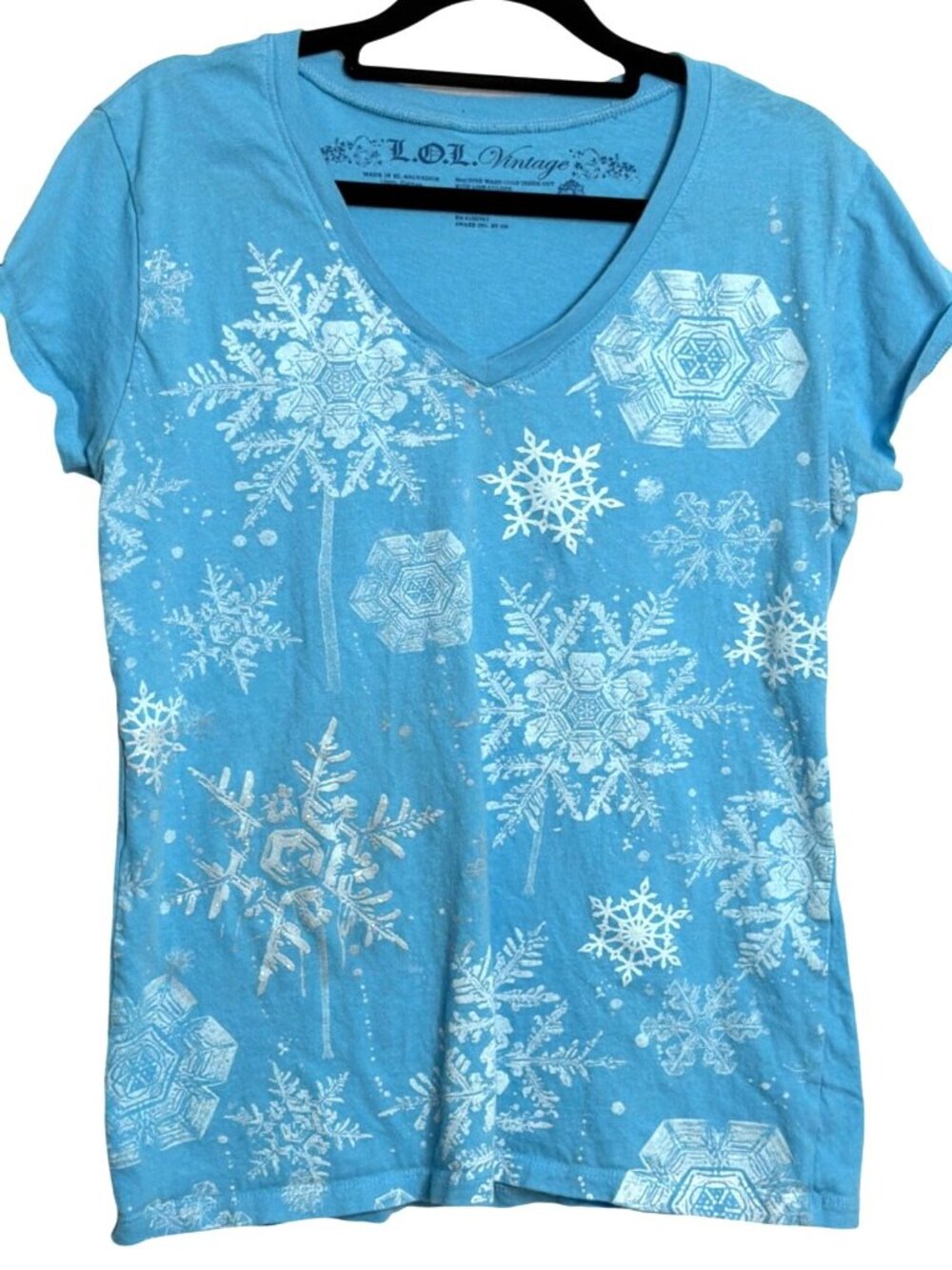 L.O.L. Vintage Womens Snowflake Print T-Shirt‎ Size XL Blue 100%